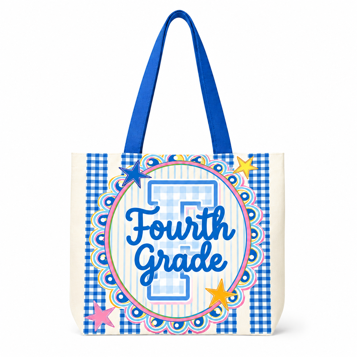 Preppy Teacher Apple Blue Gingham Stripes Tote Bag