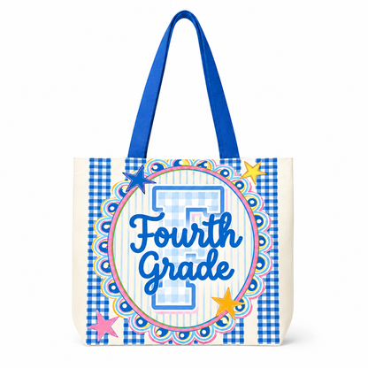Preppy Teacher Apple Blue Gingham Stripes Tote Bag