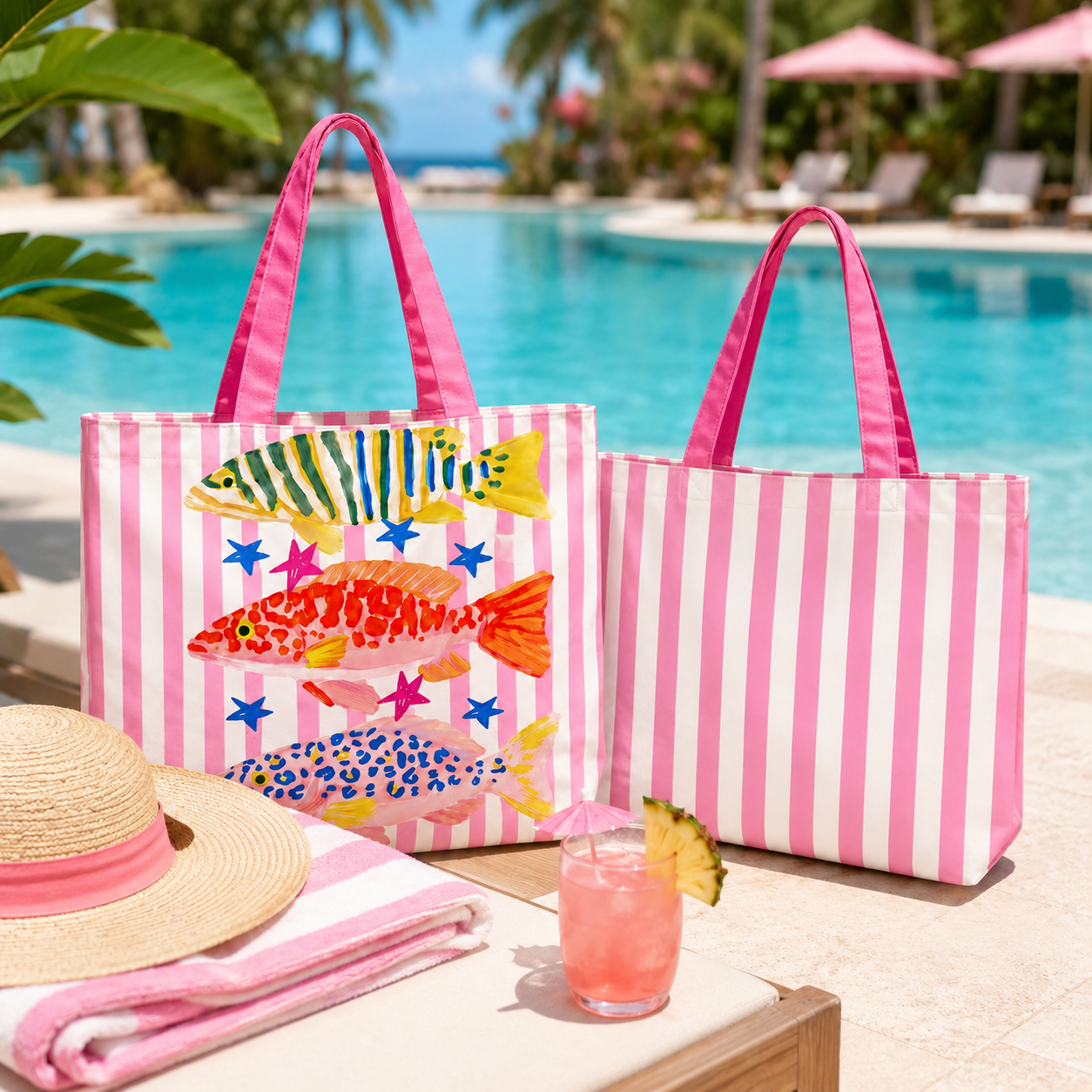 Preppy Striped Summer Fish Tote Bag