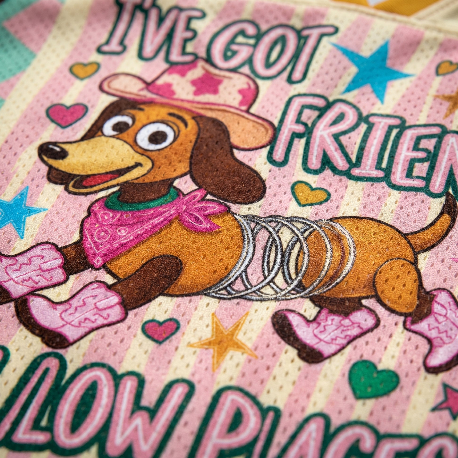 ChaoticClub I've Got Friends In Low Place Dachshund Mesh Jersey - Breathable Mesh Fabric Detail
