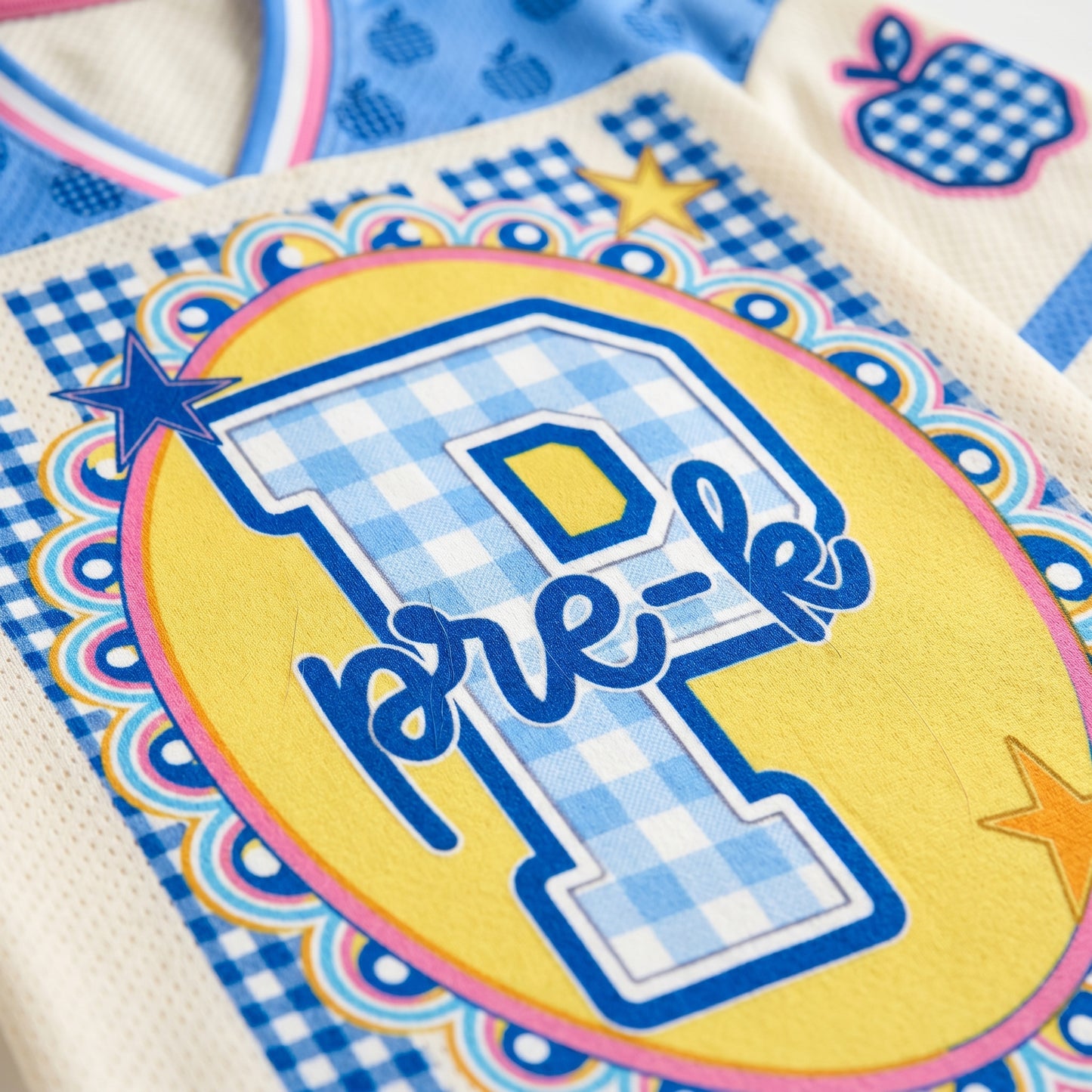 ChaoticClub Preppy Teacher Apple Blue Gingham Stripes Mesh Jersey