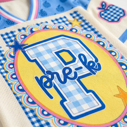 ChaoticClub Preppy Teacher Apple Blue Gingham Stripes Mesh Jersey