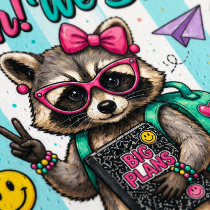 Illustration of a raccoon wearing sunglasses and holding a notebook with 'BIG PLANS' on a colorful background.
