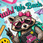 Illustration of a raccoon wearing sunglasses and a bow, holding a book titled 'Big Plans', with colorful text and graphics in the background.