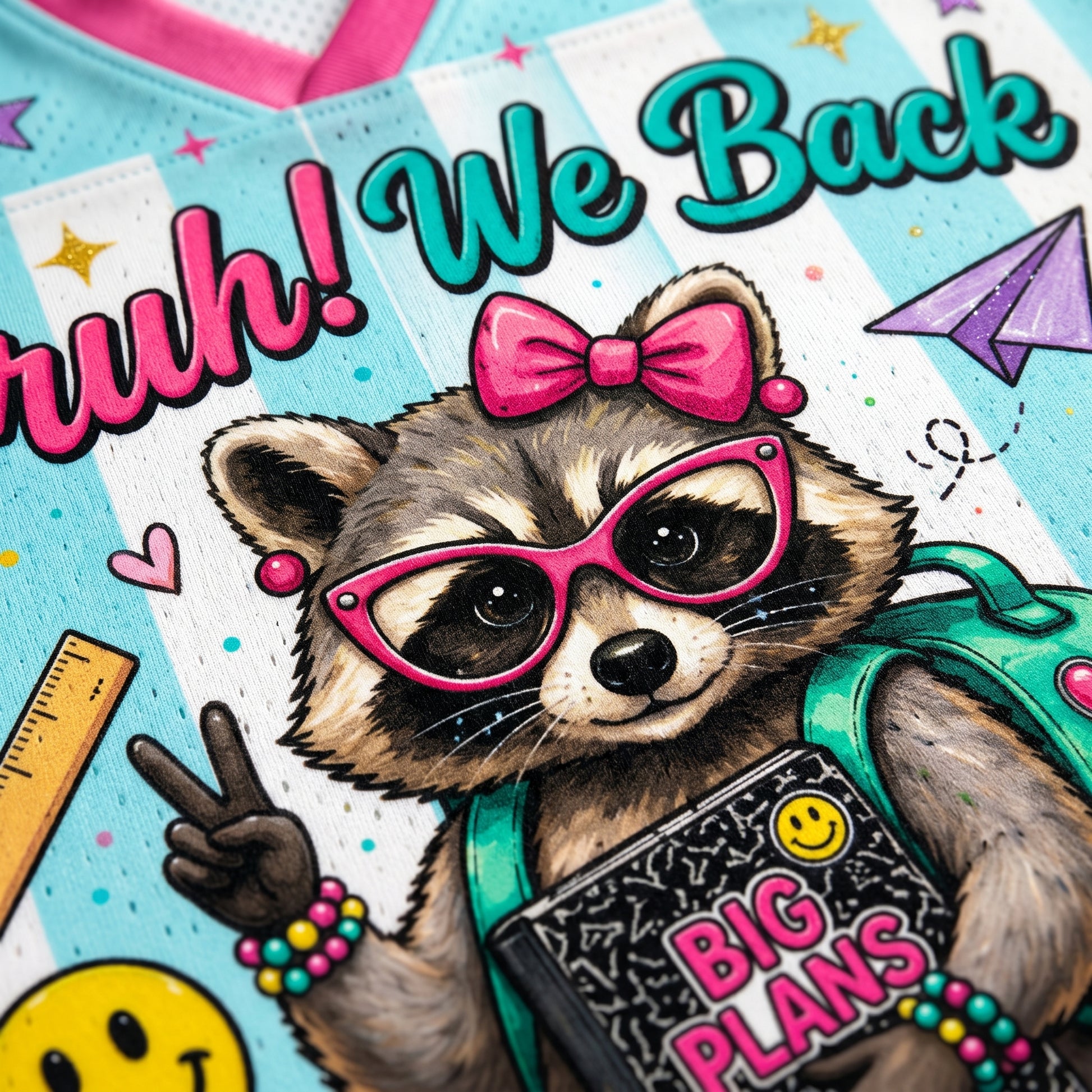 Illustration of a raccoon wearing sunglasses and a bow, holding a book titled 'Big Plans', with colorful text and graphics in the background.