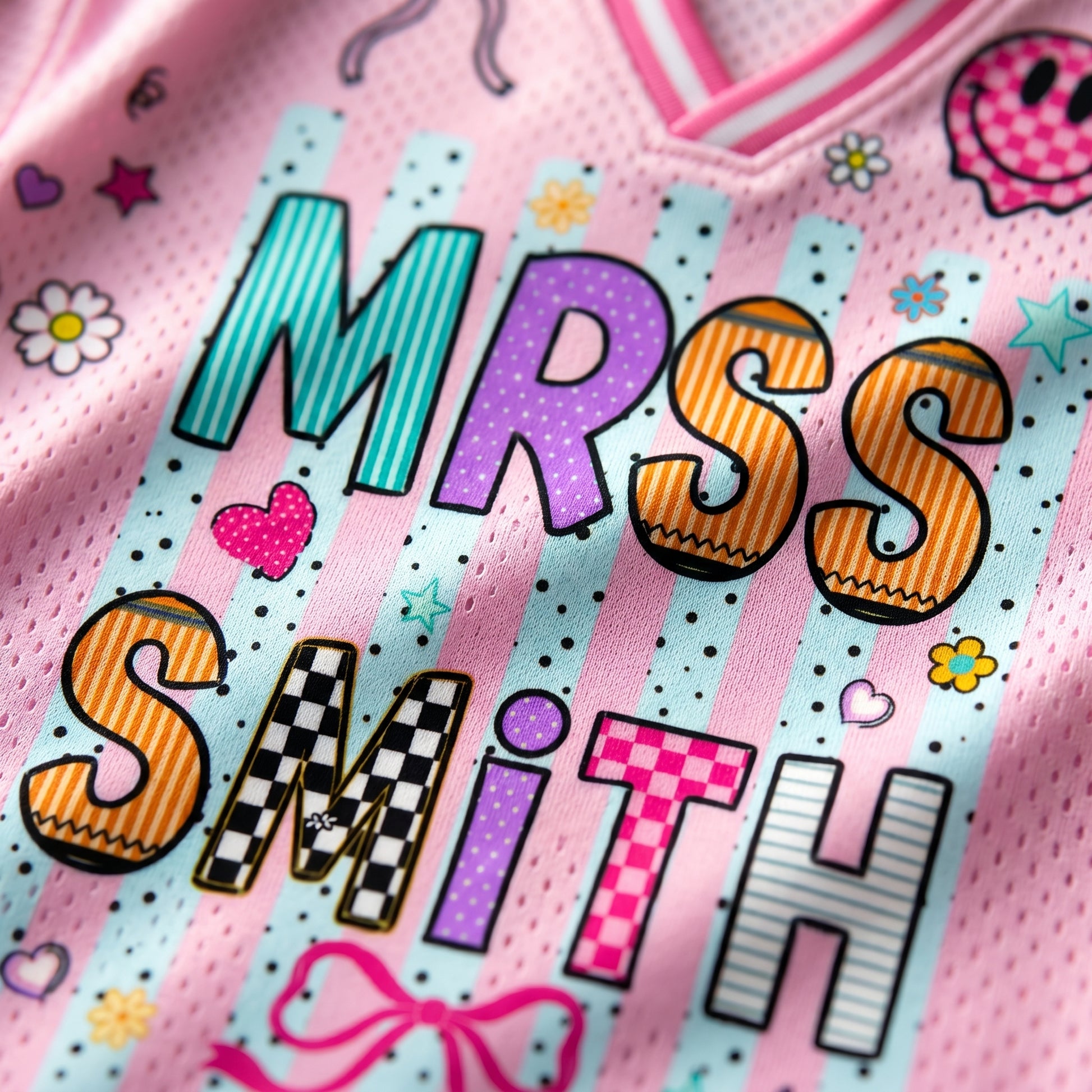 Pink shirt with colorful text 'MRSS SMITH' on a patterned background