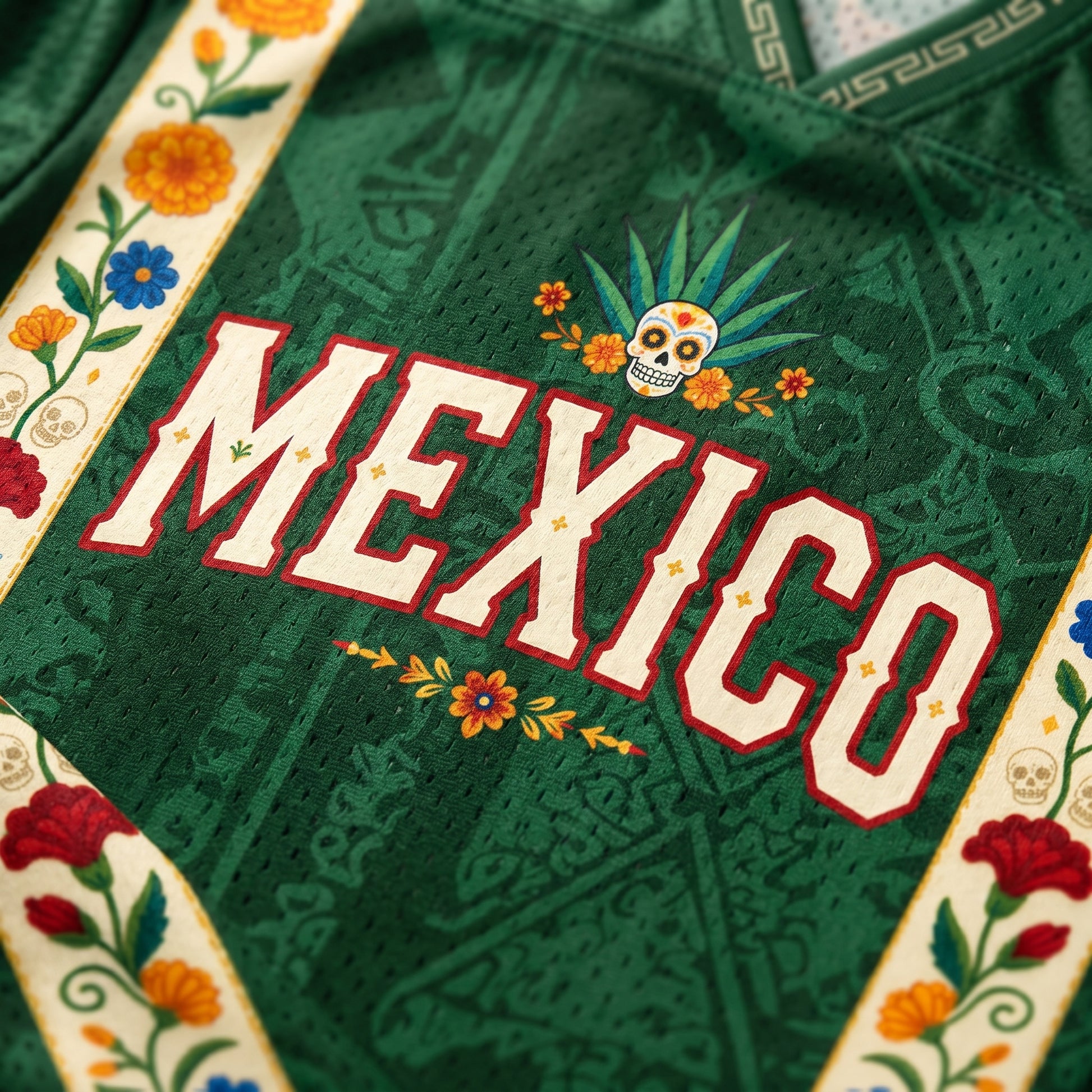 Green sports jersey with 'MEXICO' text and floral designs on a patterned background