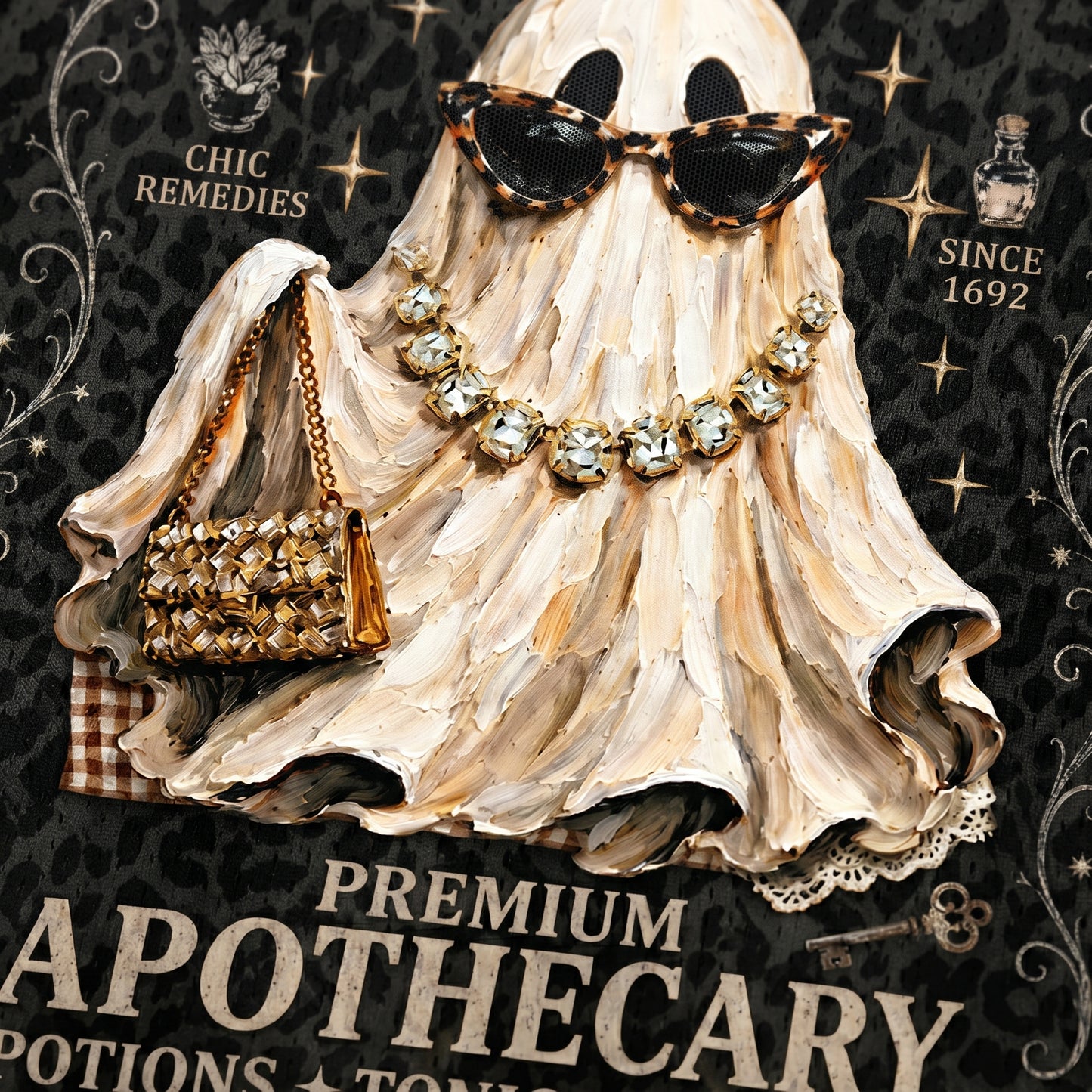 Ghost wearing sunglasses and a handbag with decorative text and symbols on a dark background