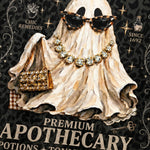 Ghost wearing sunglasses and a handbag with decorative text and symbols on a dark background