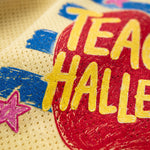 Colorful text and star design on a textured surface