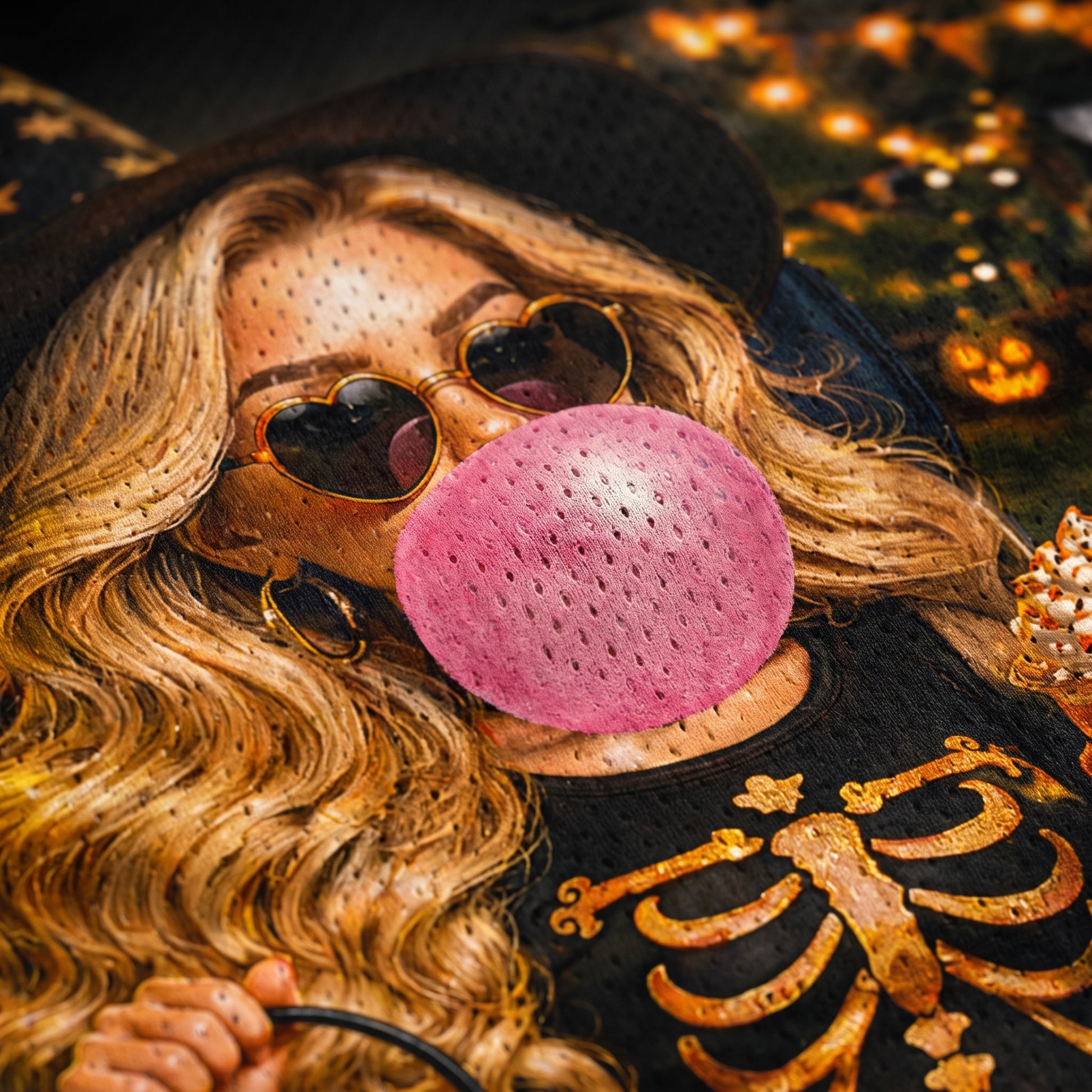 Person wearing a pink textured mask and sunglasses with a skeleton design on clothing.