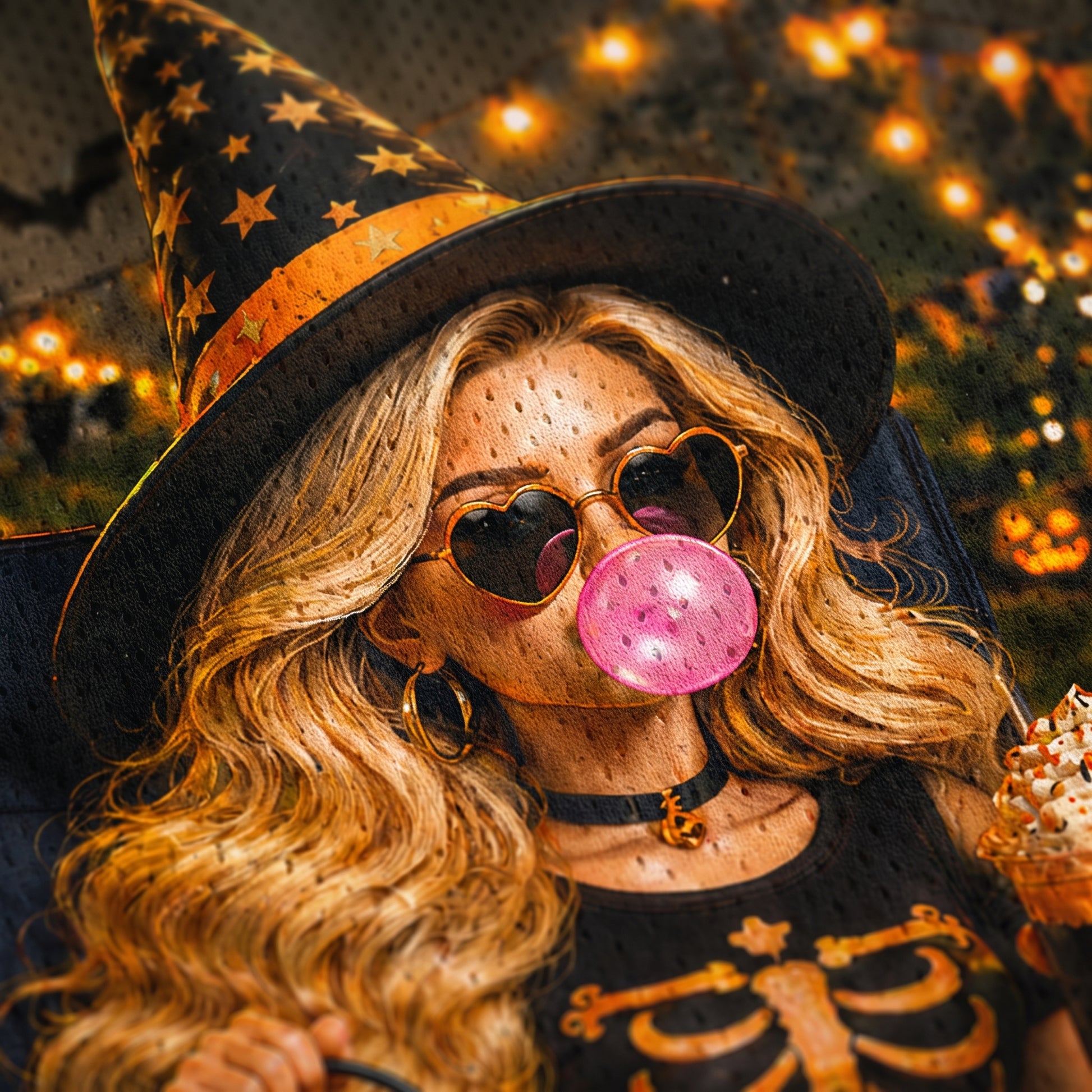 Person wearing a witch hat and skeleton shirt, blowing pink bubble gum with blurred lights in the background