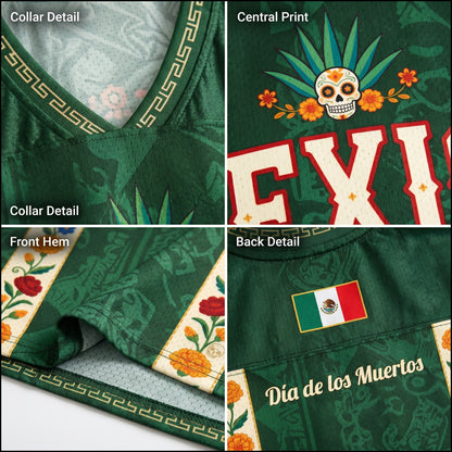 Close up details of ChaoticClub Mexico jersey showcasing collar design, premium stitching, breathable mesh fabric texture, and back hem print.