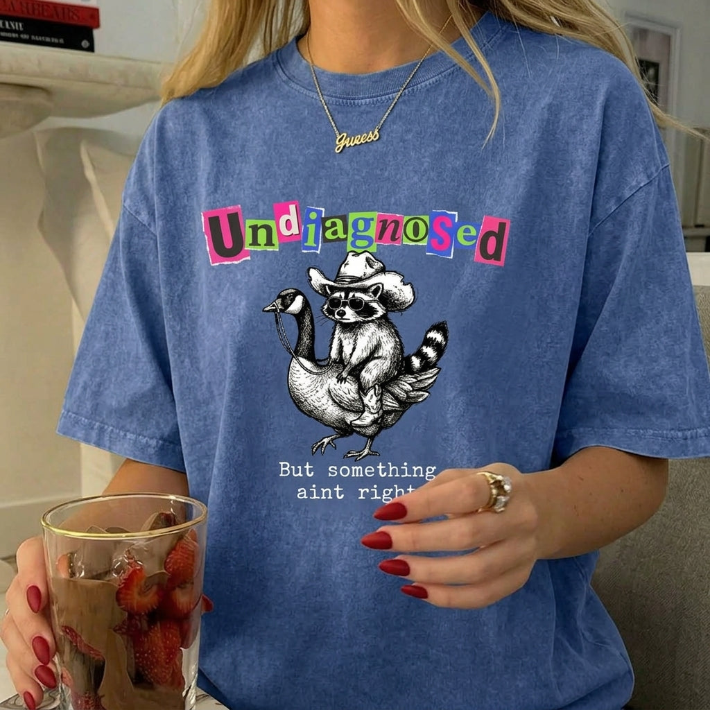 ChaoticClub Undiagnosed Raccoon Washed T-Shirt, vintage oversized graphic tee featuring a cowboy raccoon riding a goose with funny sarcastic text on premium charcoal washed cotton fabric