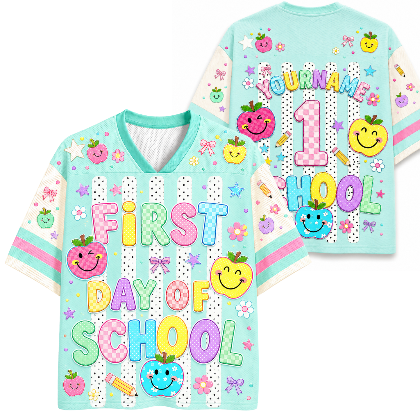 ChaoticClub Striped Neon First Day of School Mesh Jersey front and back view featuring colorful bubble letters, happy apple smilies, and custom name text on mint green.