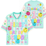 ChaoticClub Striped Neon First Day of School Mesh Jersey front and back view featuring colorful bubble letters, happy apple smilies, and custom name text on mint green.