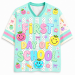 ChaoticClub Striped Neon First Day of School Mesh Jersey front and back view featuring colorful bubble letters, happy apple smilies, and custom name text on mint green.