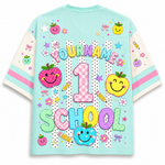 ChaoticClub back to school sports jersey back view highlighting customizable YOUR NAME text, a large pink checkered number 1, and cheerful school graphics.