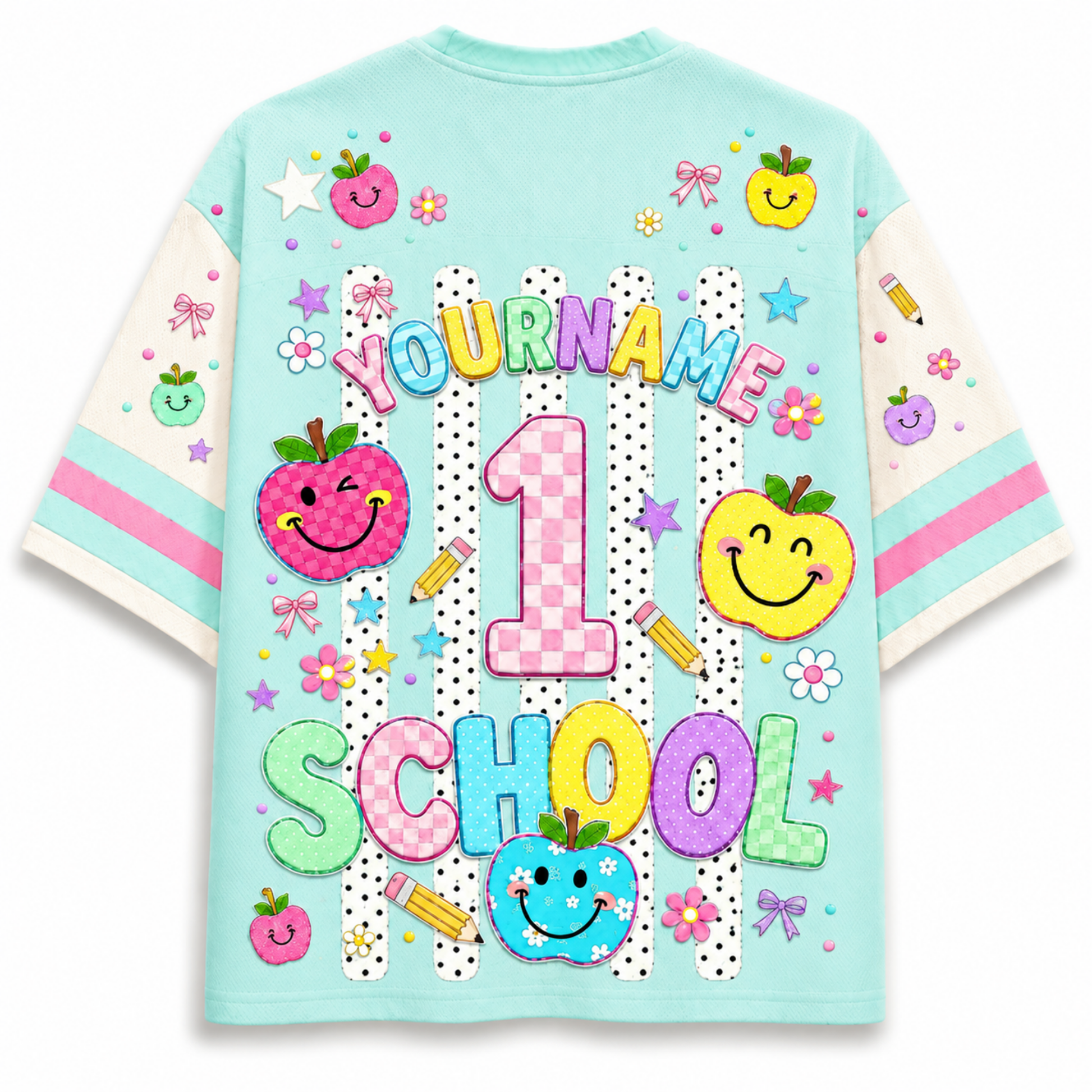 ChaoticClub back to school sports jersey back view highlighting customizable YOUR NAME text, a large pink checkered number 1, and cheerful school graphics.