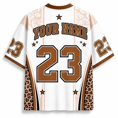 Customizable sports jersey with leopard print accents on a white background