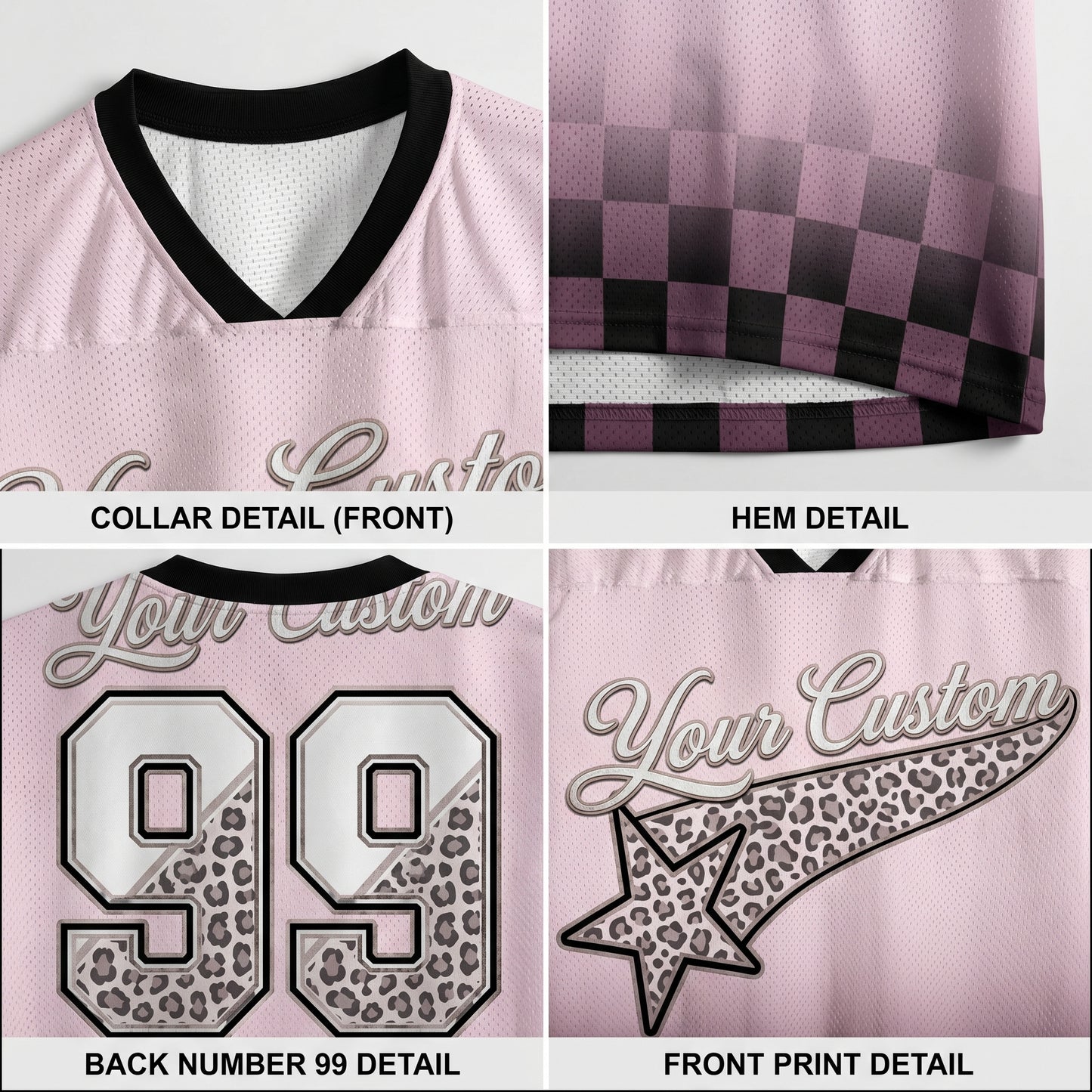 Collage of a pink sports jersey with leopard print details on collar, hem, back number, and front print.
