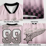 Collage of a pink sports jersey with leopard print details on collar, hem, back number, and front print.