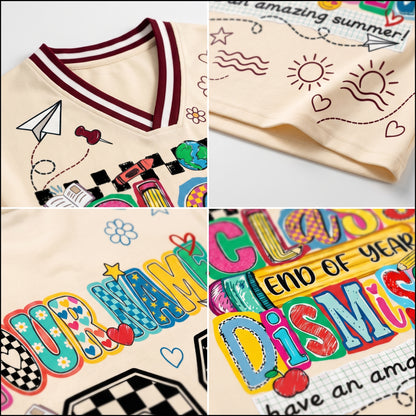 Detailed close up of ChaoticClub summer break jersey print highlighting the textured colorful "CLASS DISMISSED" bubble letters and smiley faces on bird's eye pique mesh.