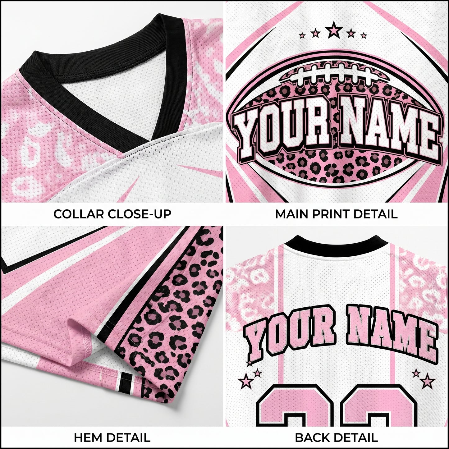 Collage of a pink sports jersey with leopard print details, showing close-up and detail views.