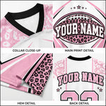 Collage of a pink sports jersey with leopard print details, showing close-up and detail views.
