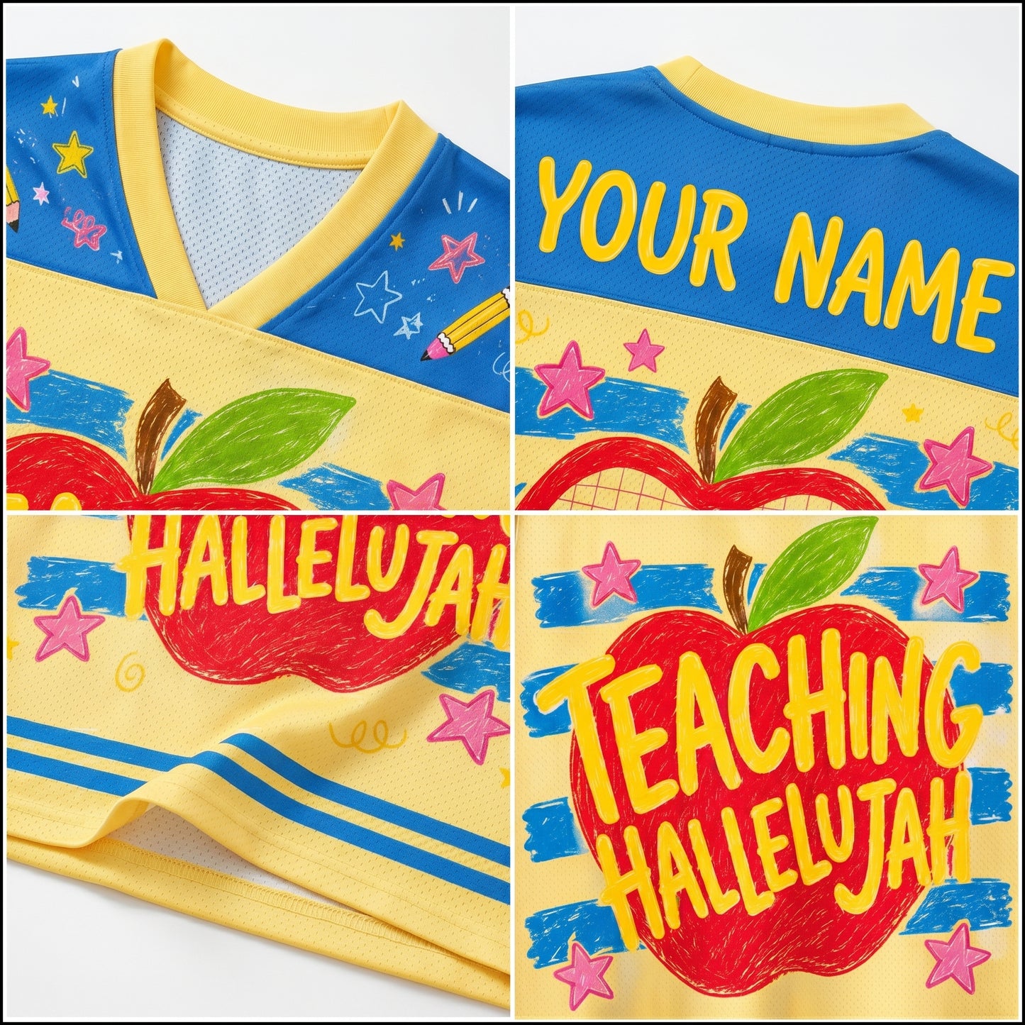 Colorful shirt with apple graphic and text 'Teaching Hallelujah' on a white background