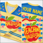 Colorful shirt with apple graphic and text 'Teaching Hallelujah' on a white background