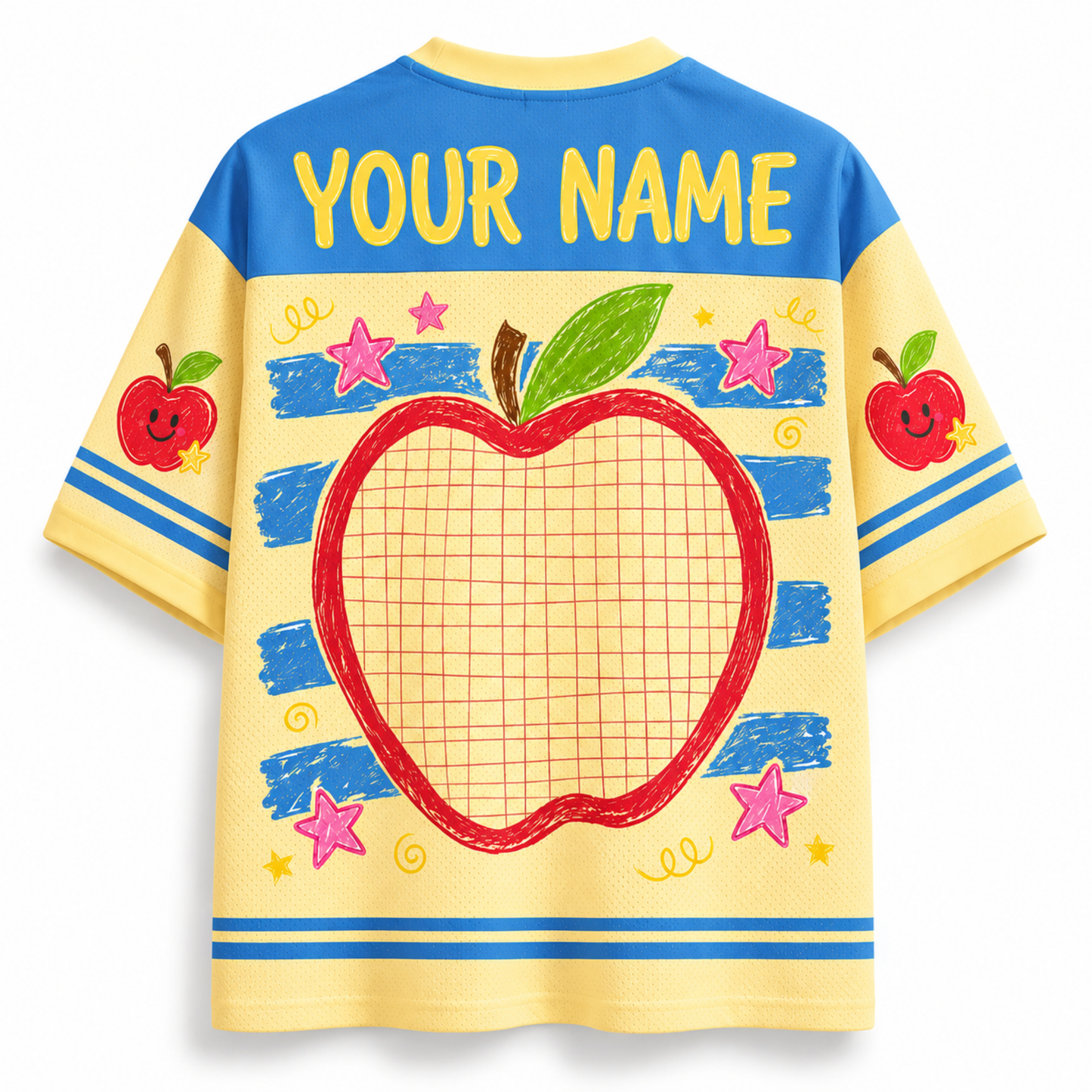 Children's t-shirt with a red apple design and space for 'Your Name' on a yellow and blue background.
