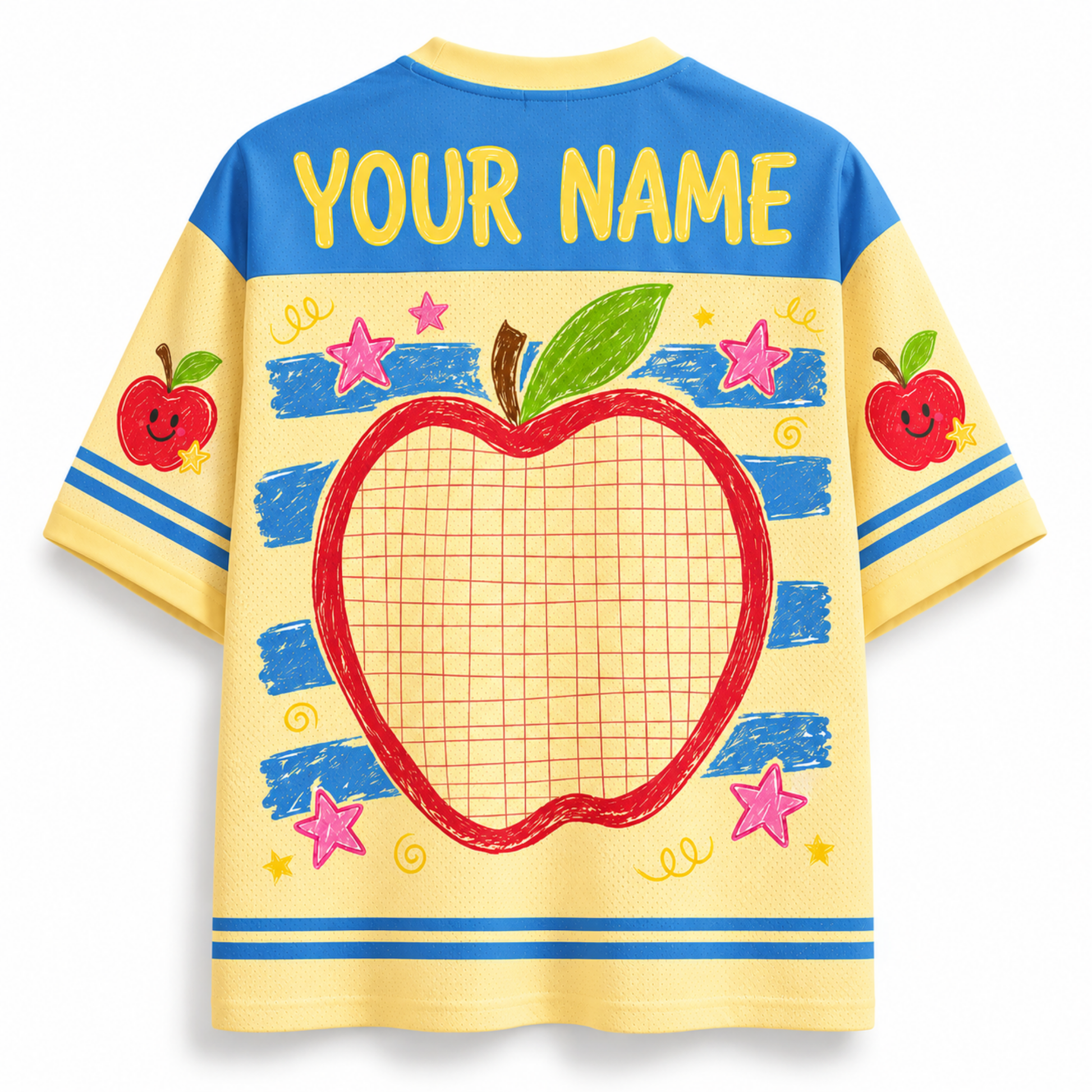 Children's t-shirt with a red apple design and space for 'Your Name' on a yellow and blue background.