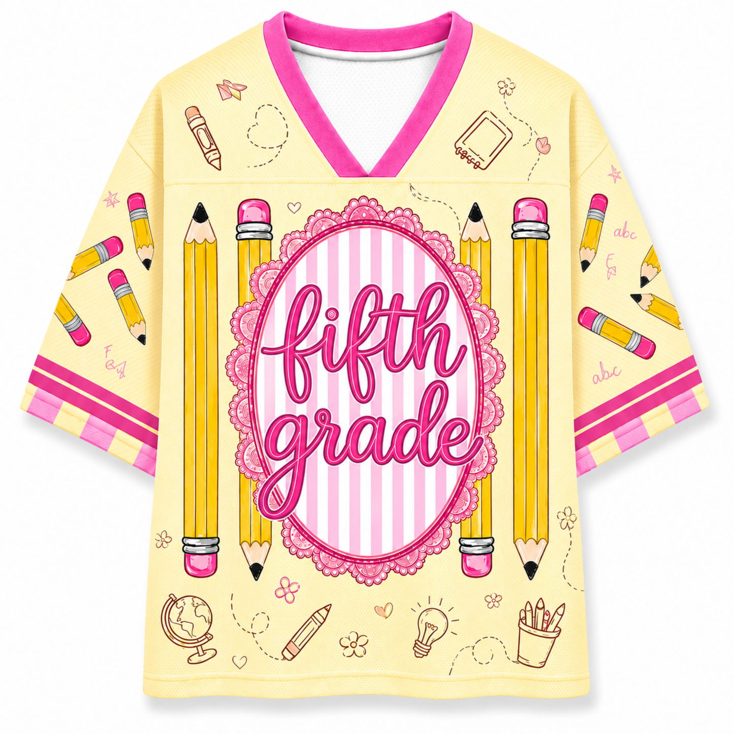Yellow shirt with 'fifth grade' text and pencil designs on a white background