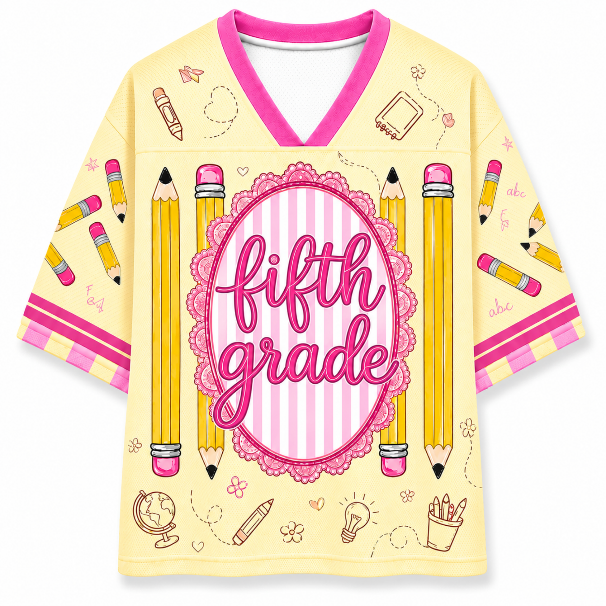 Yellow shirt with 'fifth grade' text and pencil designs on a white background