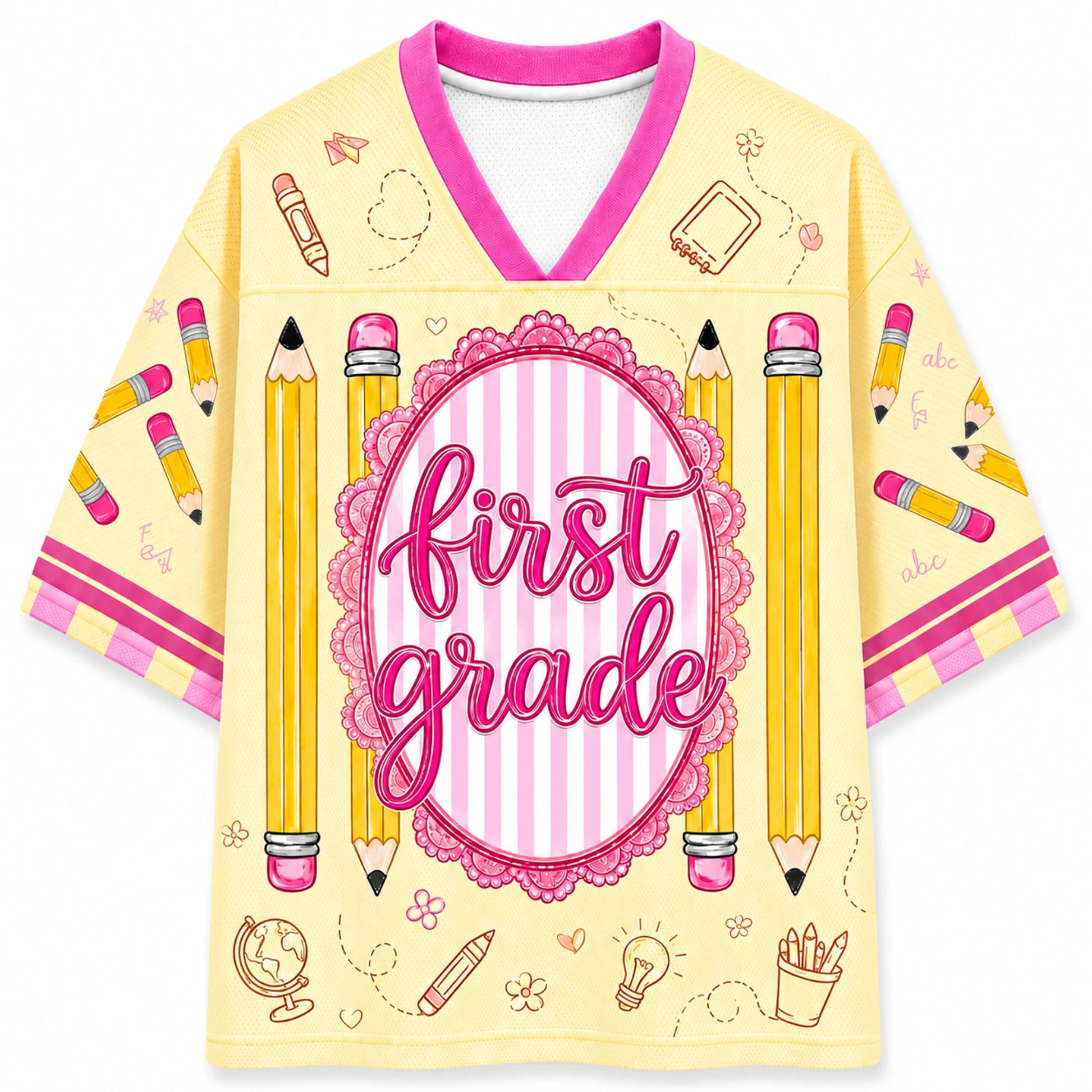 Children's shirt with 'first grade' design featuring pencils and educational symbols on a yellow background.