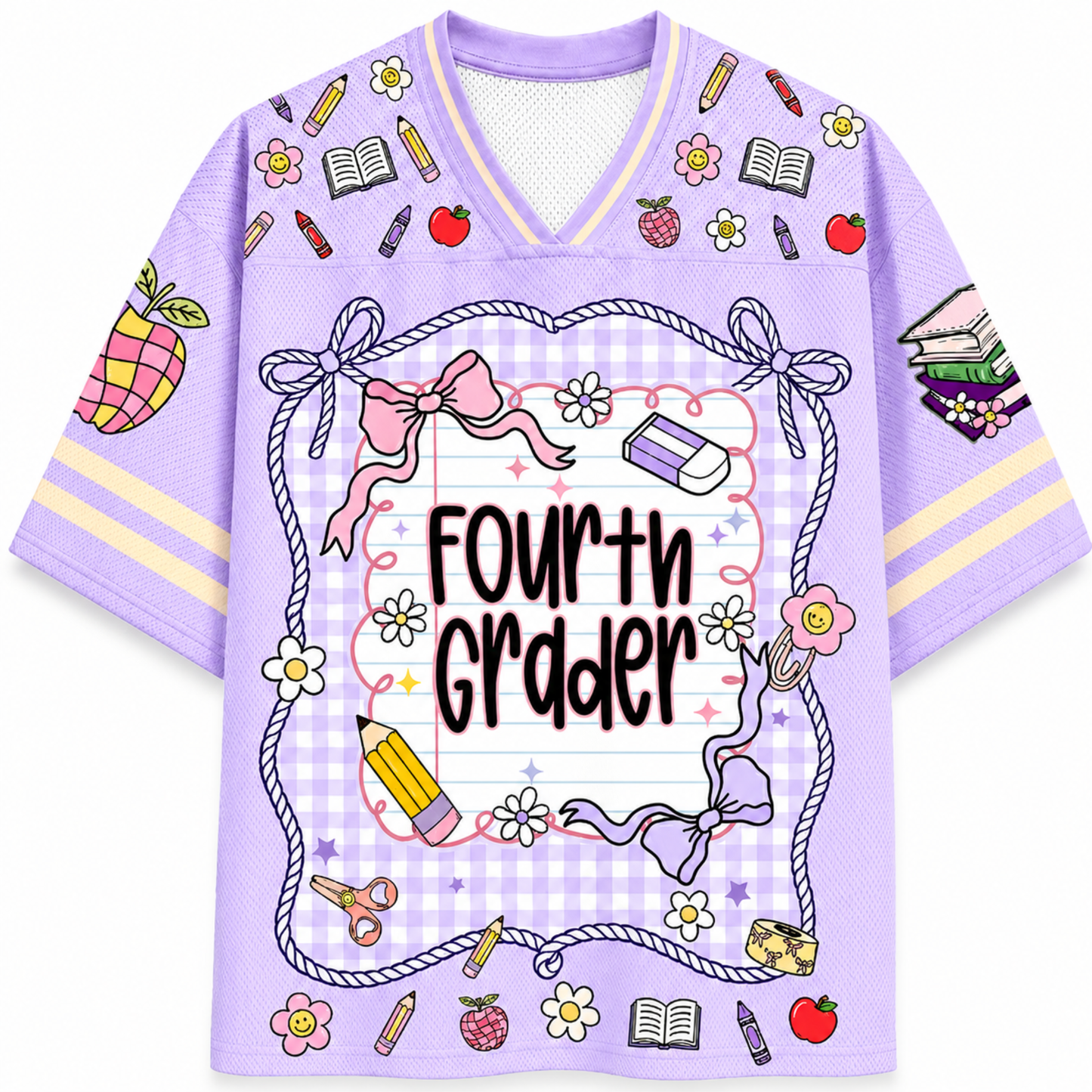 Purple shirt with 'Fourth Grader' text and educational graphics on a white background