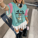 ChaoticClub Off Duty Moms Club Raccoon Mesh Jersey, vintage athletic oversized jersey on teal, pink, and yellow breathable mesh featuring a happy raccoon on a scooter with a tote bag and "off duty moms club go ask your dad" funny sarcastic text.