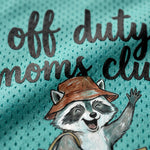 ChaoticClub Off Duty Moms Club Raccoon Mesh Jersey, vintage athletic oversized jersey on teal, pink, and yellow breathable mesh featuring a happy raccoon on a scooter with a tote bag and "off duty moms club go ask your dad" funny sarcastic text.