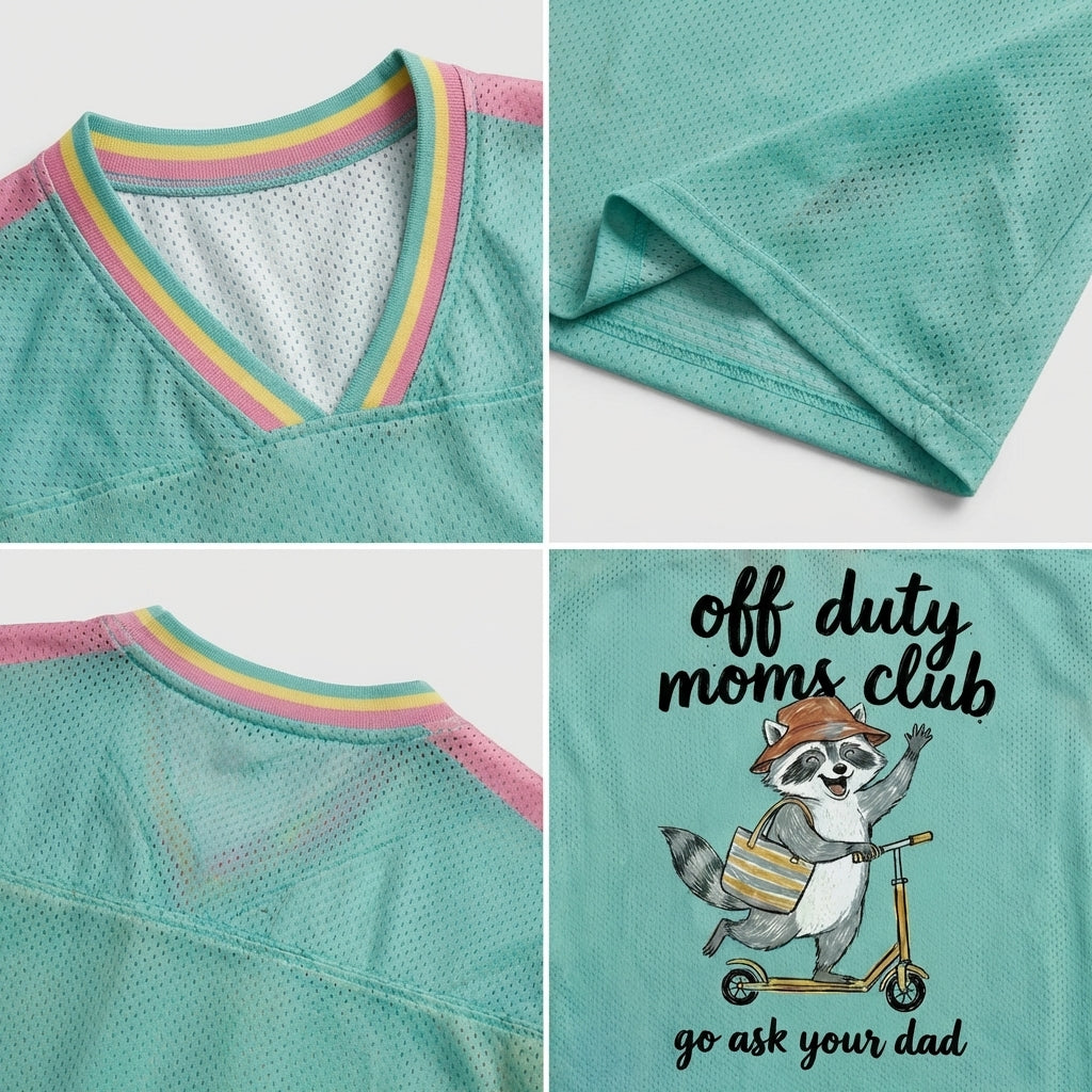 ChaoticClub Off Duty Moms Club Raccoon Mesh Jersey, vintage athletic oversized jersey on teal, pink, and yellow breathable mesh featuring a happy raccoon on a scooter with a tote bag and "off duty moms club go ask your dad" funny sarcastic text.