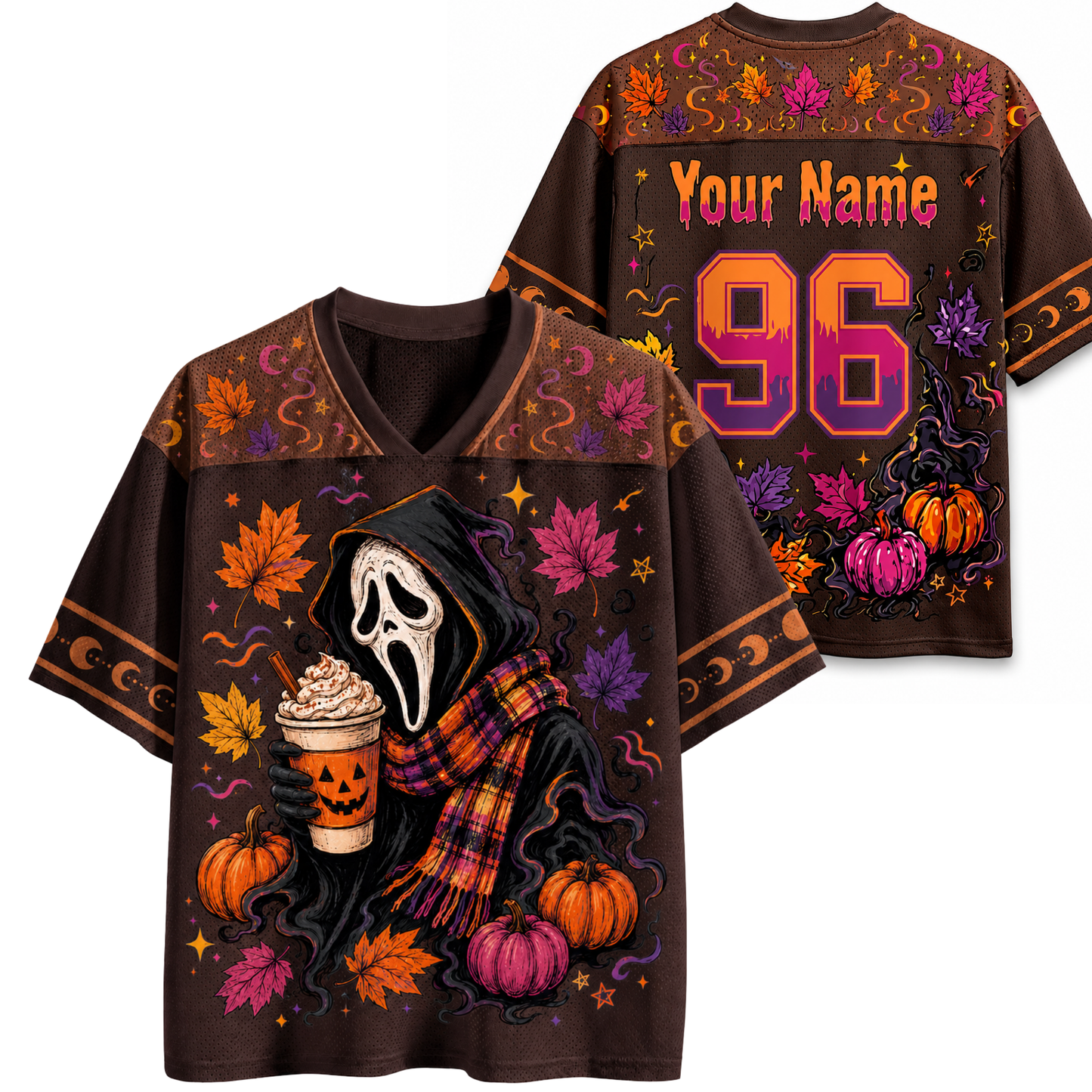 Halloween-themed shirt with pumpkins, ghosts, and text on a white background
