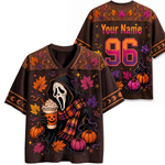 Halloween-themed shirt with pumpkins, ghosts, and text on a white background