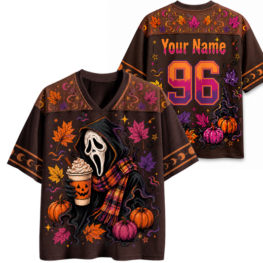 Halloween-themed shirt with pumpkins, ghosts, and text on a white background