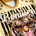 ChaoticClub mesh jersey fabric close up showing breathable Bird’s Eye Pique texture with gold leopard pattern and premium print quality