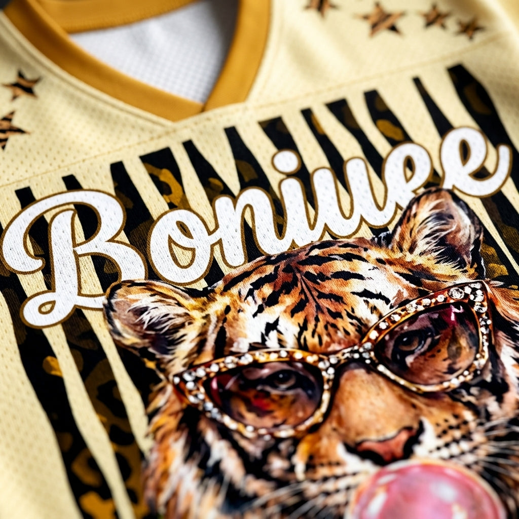 ChaoticClub mesh jersey fabric close up showing breathable Bird’s Eye Pique texture with gold leopard pattern and premium print quality