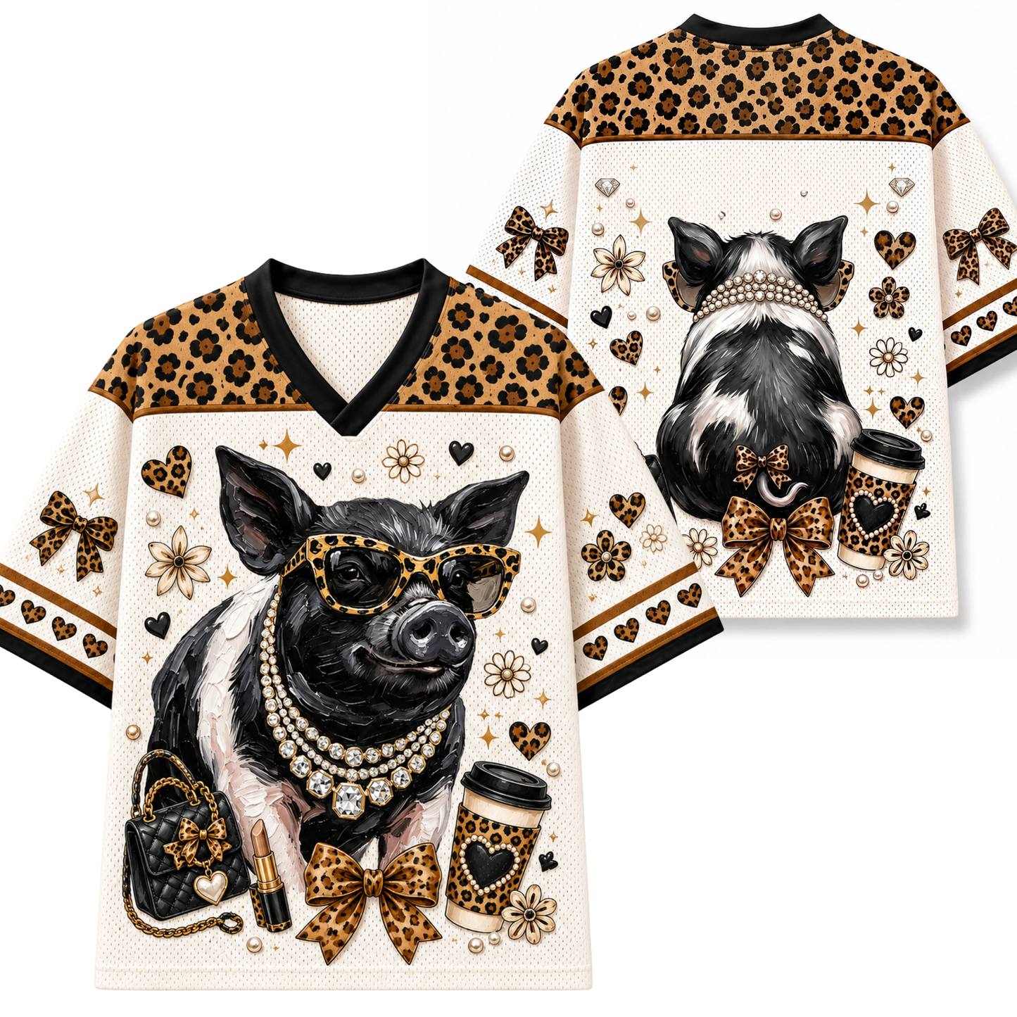 Front and back mockup preview of the cream and leopard print Chaotic Club jersey featuring a stylish pig in sunglasses, pearl necklace, and leopard bows.