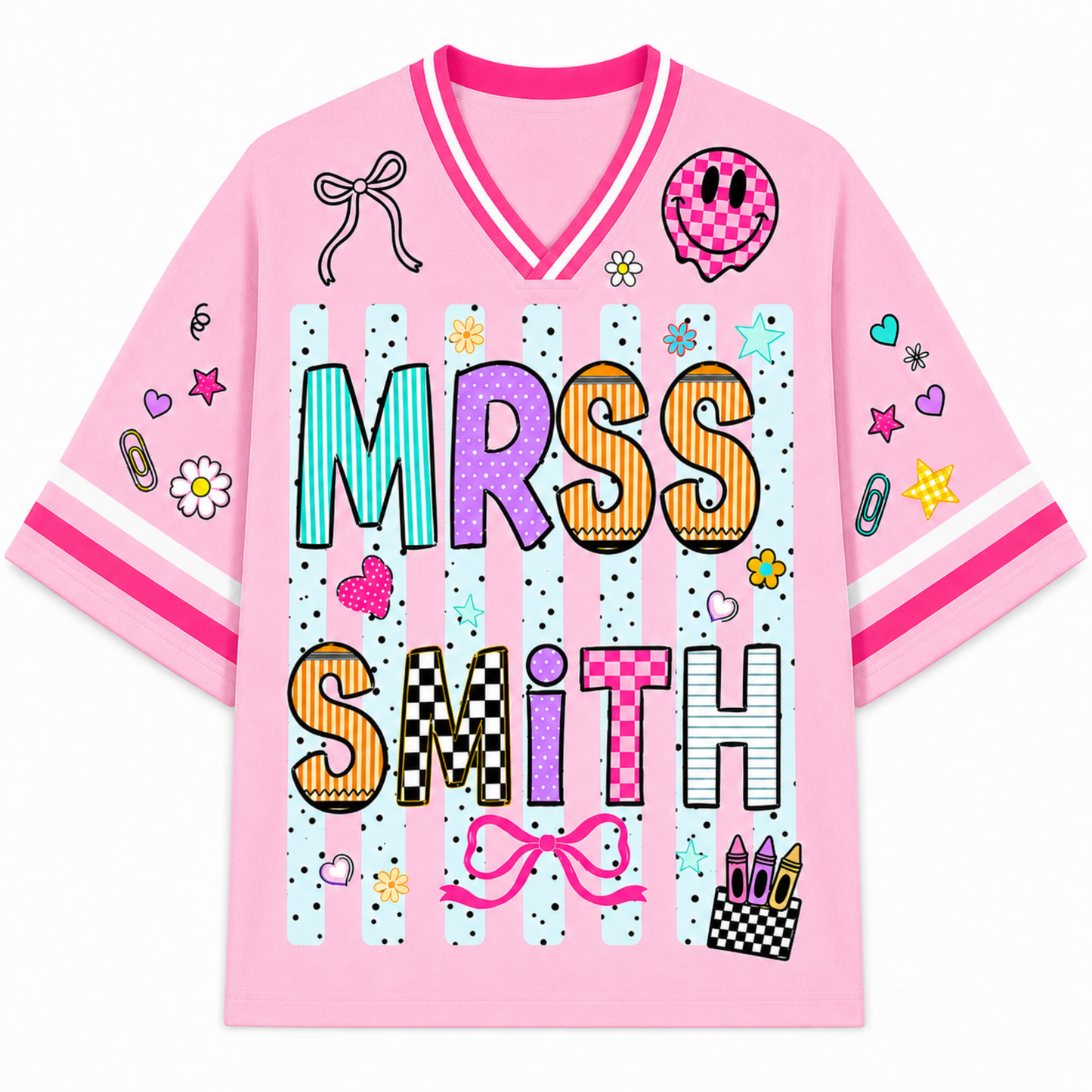 Pink shirt with 'Mrs. Smith' text and various graphics on a white background