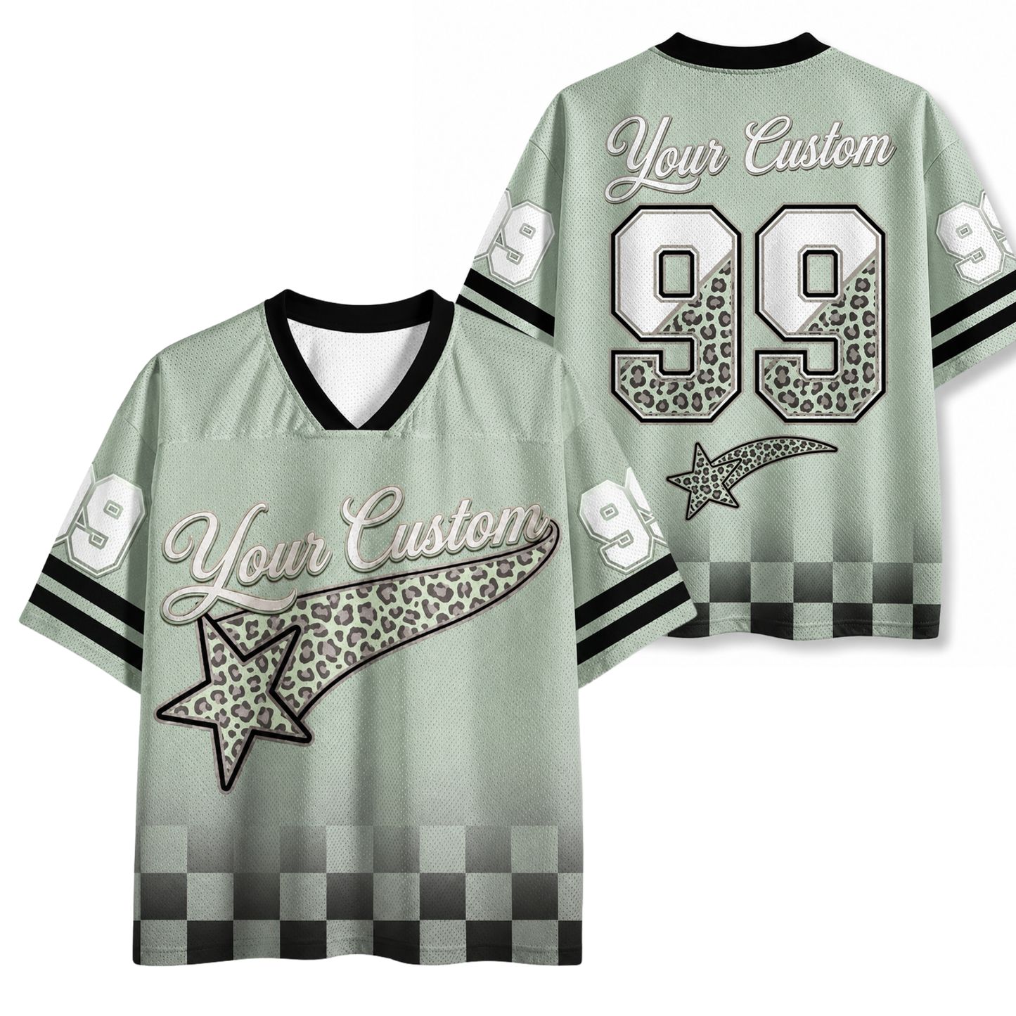 Light green sports jersey with customizable text and star designs on a white background