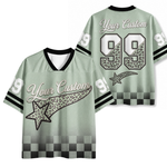 Light green sports jersey with customizable text and star designs on a white background