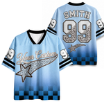 Blue sports jersey with 'Smith 99' and 'Your Custom' text on a white background